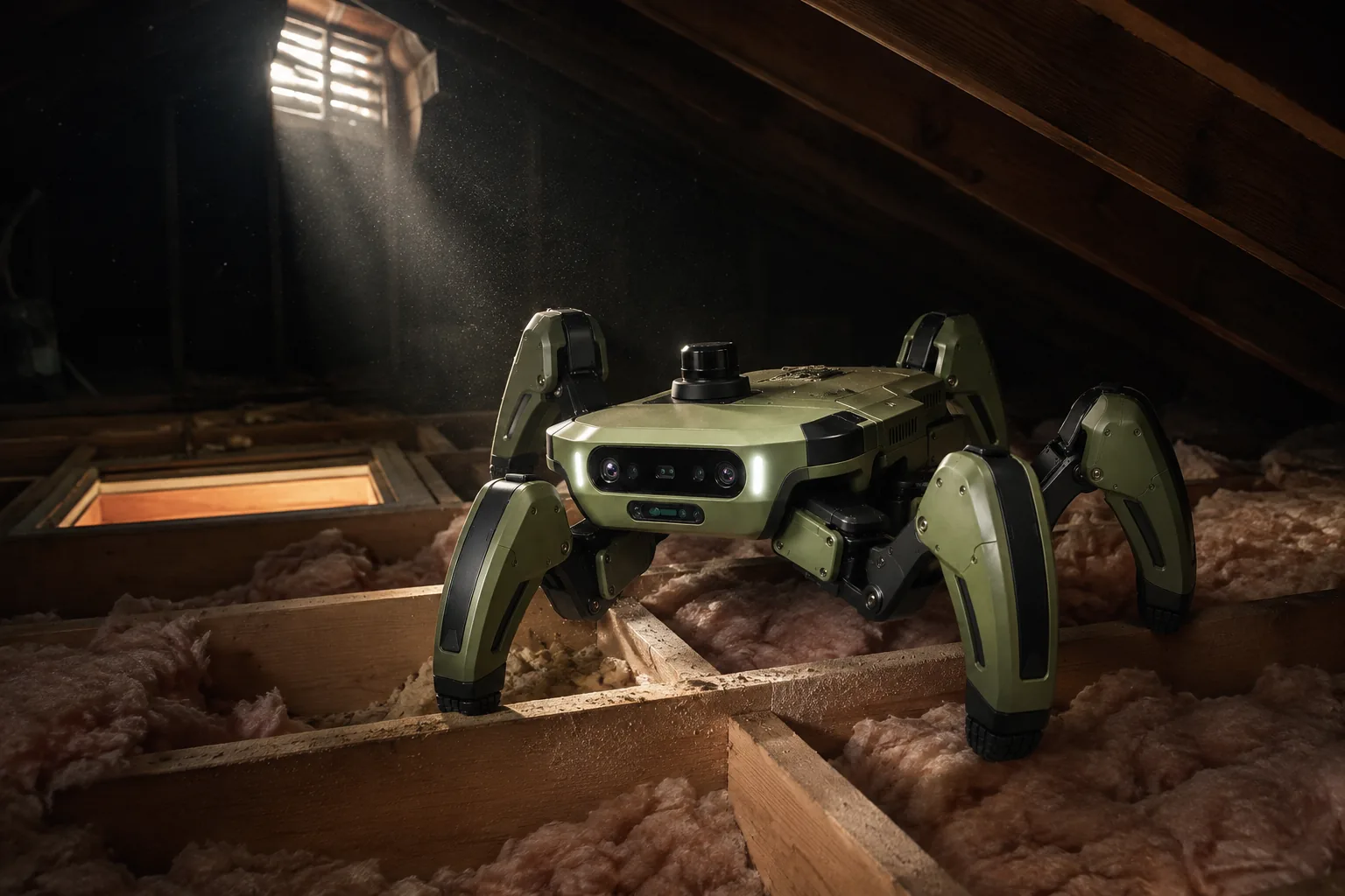 The robot on attic joists between insulation batts, lit by a single gable vent