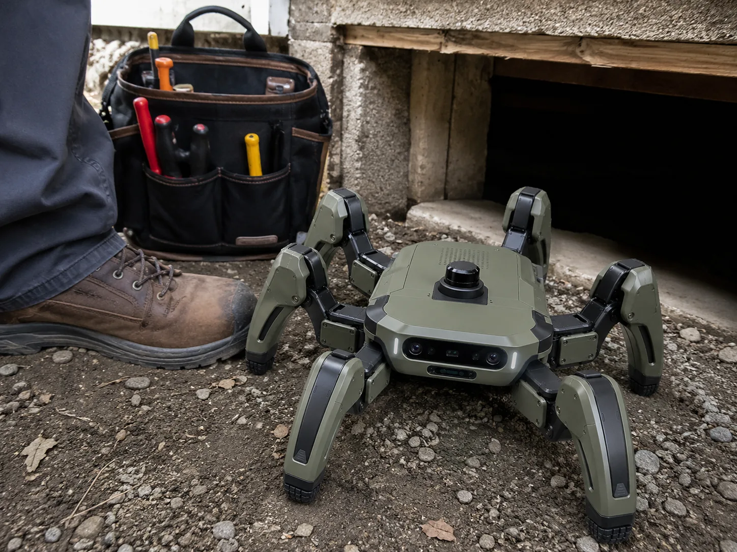The robot at a concrete foundation opening beside a technician's tool bag