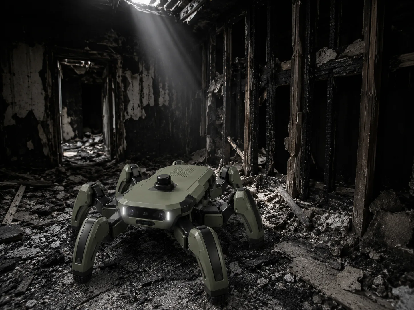 The robot inside a fire-damaged structure, charred framing and debris
