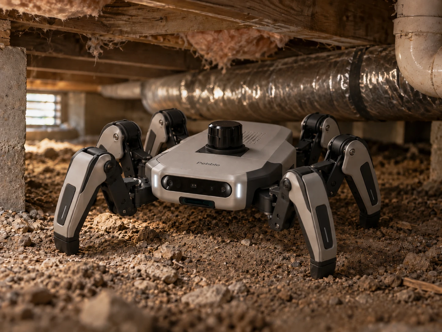 The Synteric unit, six-legged, walking a residential crawl space