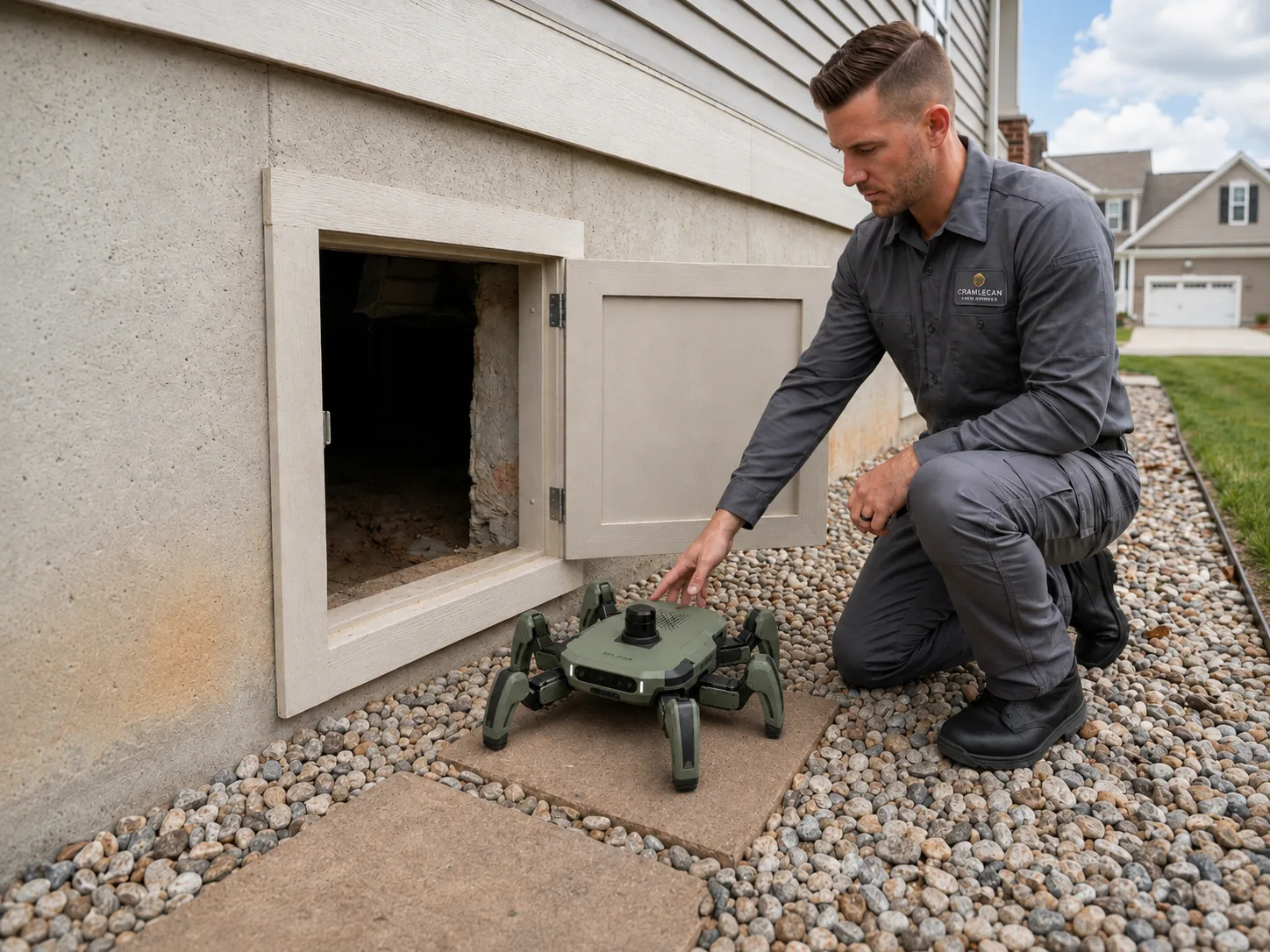 A technician kneeling at a crawl-space hatch with the robot on the ground beside him